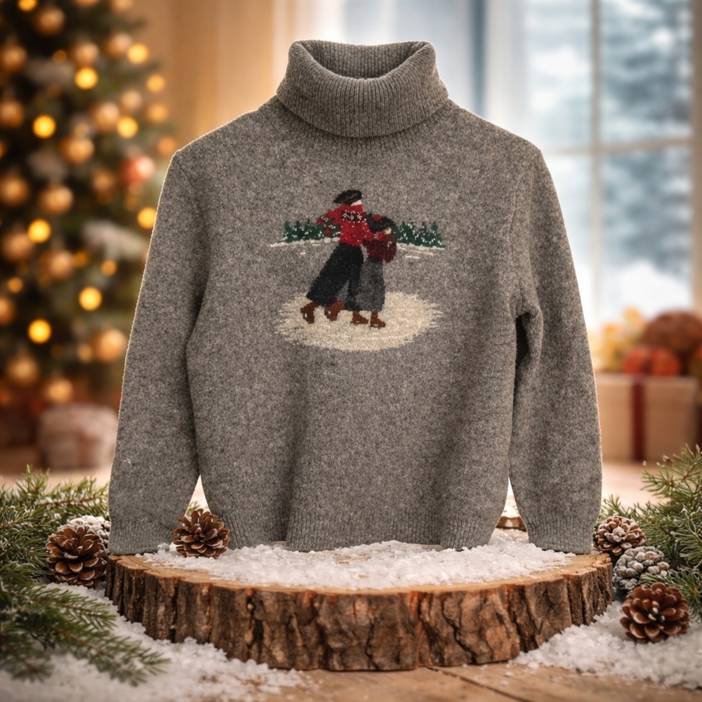 Ralph Lauren Vintage Lambswool Turtleneck Sweater Gray LP Ice Skating - Picture 12 of 13